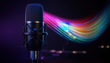 Dynamic close up of microphone with vibrant colors and light trails, creating energetic atmosphere...