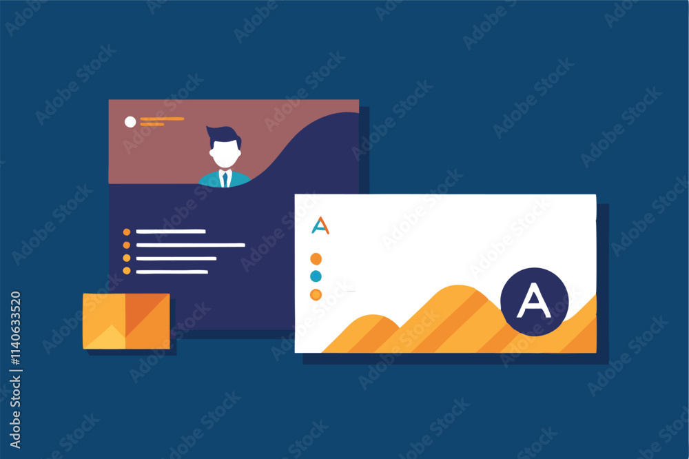 Poster Vector illustration of a user profile and identification card with a smiling character and checklists on a bright blue background