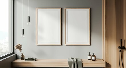 An interior room with blank rectangular photo frames on the wall 3d illustration mock-up template.