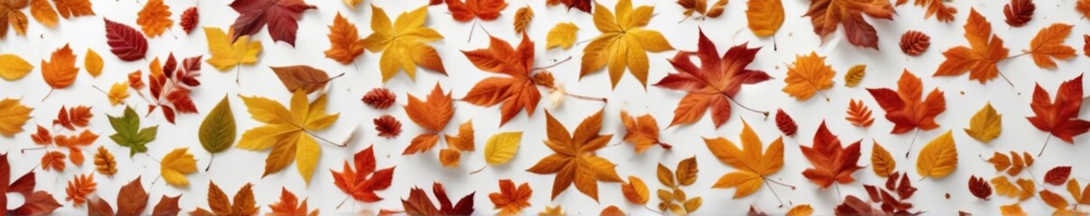 Colorful autumn leaves scattered on a pure white background, seasonal change, nature scene, golden hues