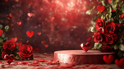 valentine day podium background month of love heart and red rose