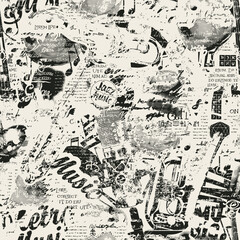 Vector abstract seamless pattern on the theme of retro jazz music with singing mouths, vinyl records and musical instruments. Bright vector background, suitable for Wallpaper, wrapping paper, fabric © paseven