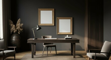 An interior study room with blank rectangular photo frames on the wall 3d illustration mock-up template.