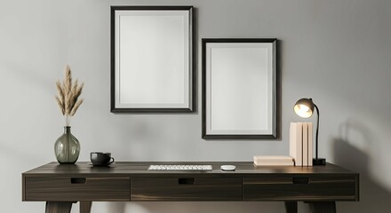 A study interior room with blank rectangular photo frames on the wall 3d illustration mock-up template.	
