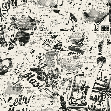 Vector abstract seamless pattern on the theme of retro jazz music with singing mouths, vinyl records and musical instruments. Bright vector background, suitable for Wallpaper, wrapping paper, fabric