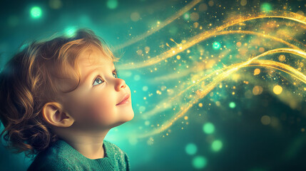 a baby in space, greeny blue background, yellow streaks 