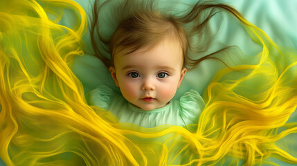 a baby in space, greeny blue background, yellow streaks 