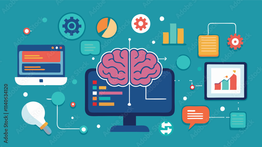 Poster vector illustration of a conceptual brain connected to various elements representing technology, dat