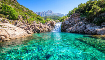 Fototapeta premium stunning waterfall cascading in clear turquoise pool surrounded by lush greenery
