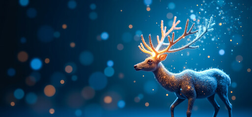 sparkling reindeer on a blue background with blurred lights