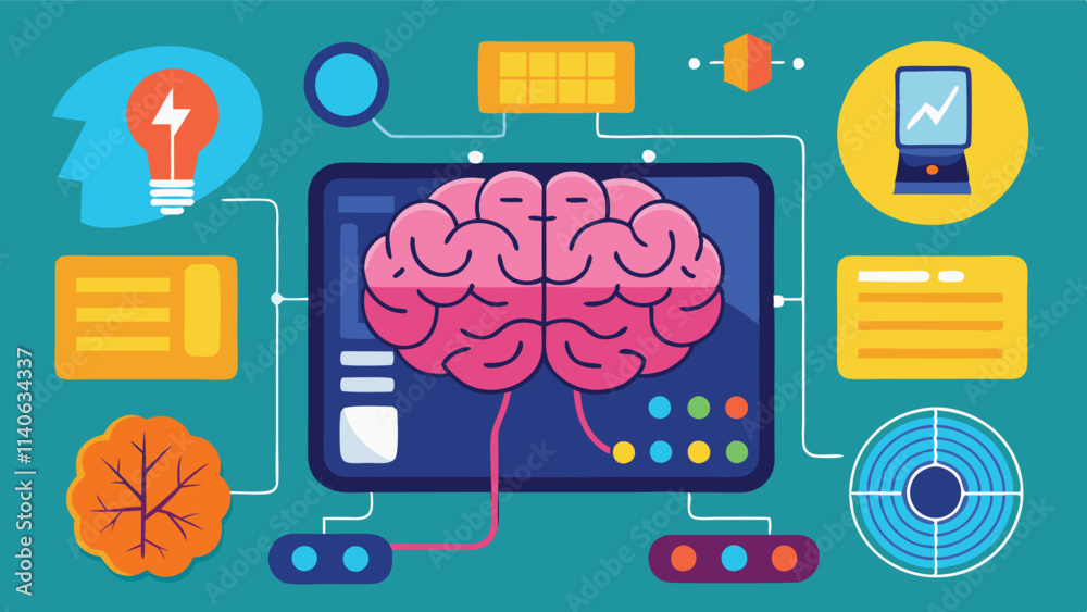 Fototapete vector illustration of a conceptual brain connected to various elements representing technology, dat