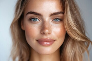 Obraz premium Beautiful blonde woman with freckles smiling and showing perfect skin