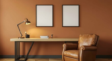 A study interior room with blank rectangular photo frames on the wall 3d illustration mock-up template.	
