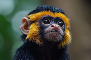 Fototapeta premium Portrait of a young golden-headed lion tamarin monkey observing its surroundings