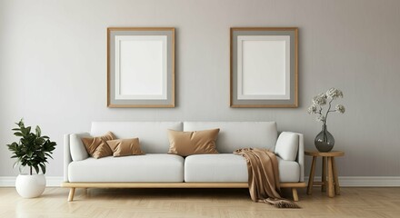 A modern living room with a sofa against a wall featuring blank poster frames in wooden frame borders 3d illustration template. Empty photo frame mock-up template.	