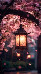Japanese lantern hanging from cherry blossom tree at dusk