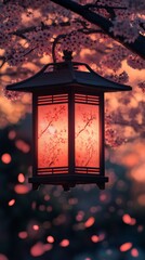 Japanese lantern hanging from cherry blossom tree at sunset