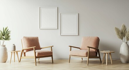 An interior living room with blank rectangular photo frames on the wall 3d illustration mock-up template.