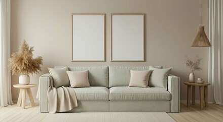 An interior living room with blank rectangular photo frames on the wall 3d illustration mock-up template.