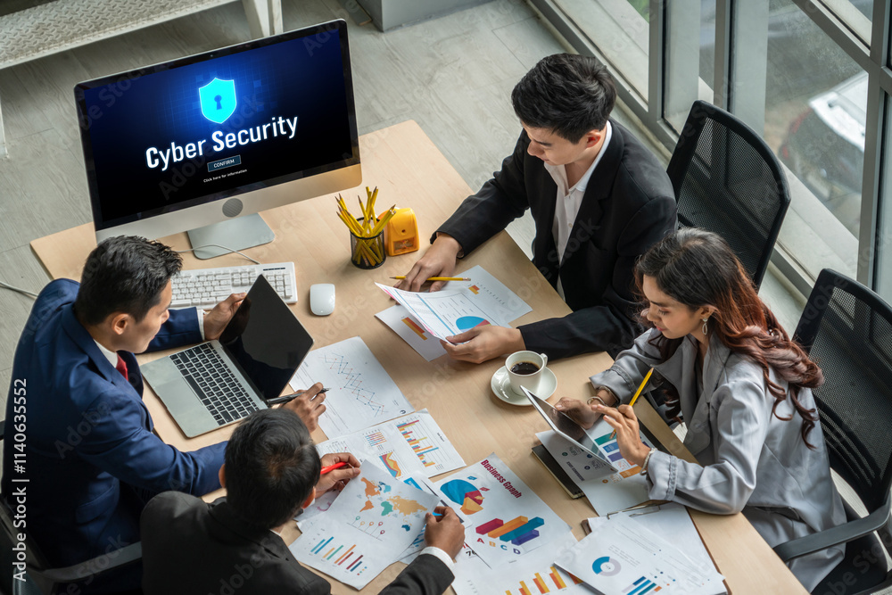 Poster cyber security system on computer screen protect private information snugly from hacker and cyber at