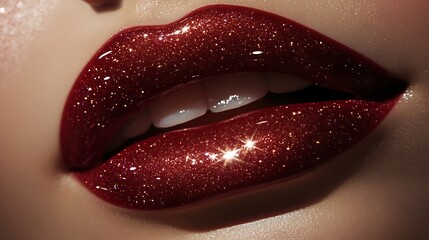 Naturally textured lips in a high-shine candy apple red gloss, glowing under soft golden lighting, sharp detail capturing every fold, with a blurred pastel cream backdrop,