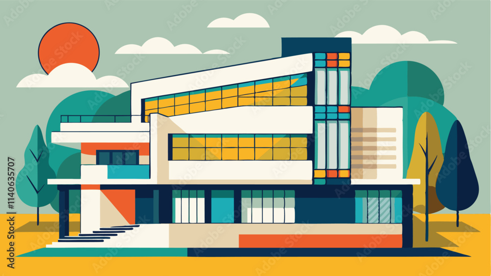 Poster modern architectural design featuring a vibrant building amid stylized trees and nature in a serene 