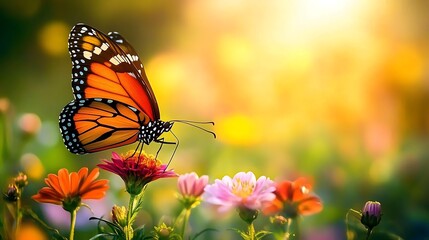 Obraz premium A Butterfly Perched on a Colorful Flower in a Sunlit Meadow with Dreamy Lighting