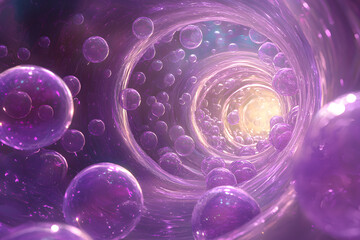 Cosmic journey of bubbles through a twisted space abstract universe digital art surreal environment close-up view imagination