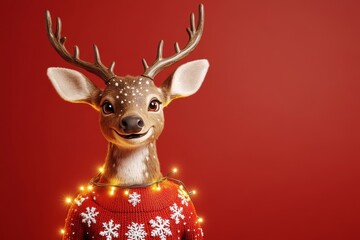Joyful Deer Adorned in Christmas Lights, Wearing a Festive Sweater, Offers a Cheerful Holiday Spirit Against a Vibrant Red Backdrop in a Cozy Winter Setting