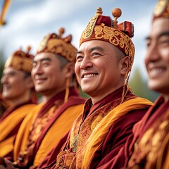 Fototapeta premium Traditional Monks in Ceremony Attire Smiling