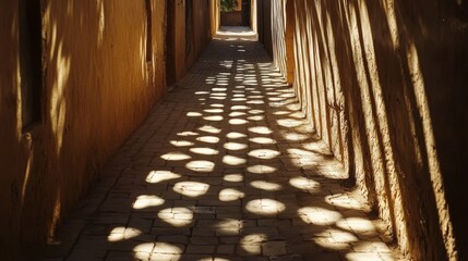 Fototapeta premium Sunlight filtering through a perforated roof, creating circles of light on a cobblestone alleyway