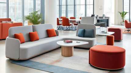 Modern office lounge calm atmosphere comfortable seating collaborative workspace