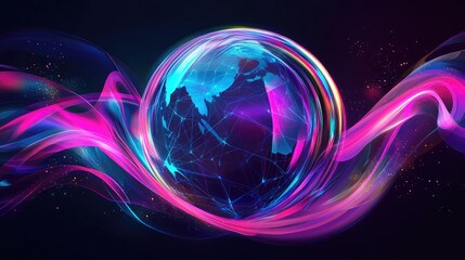 A futuristic representation of global connections, a globe surrounded by spinning holographic data points, sci-fi, high resolution, vibrant tones 