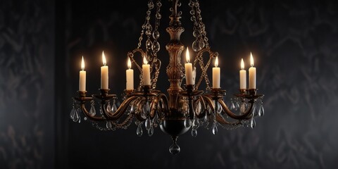 elegant chandelier with flickering candle atop a luxurious black backdrop, sophisticated, chandelier, dark