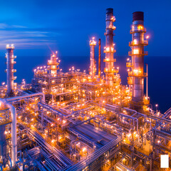 Fototapeta premium Industrial oil refinery complex at night vibrant lights aerial view modern technology energy production