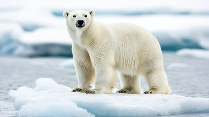 Fototapeta premium A majestic polar bear stands on an ice floe, showcasing its thick white fur against the icy backdrop of its Arctic habitat.