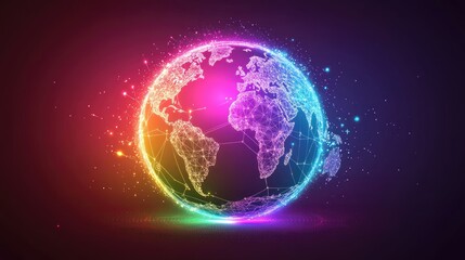 Fototapeta premium A futuristic representation of global connections, a globe surrounded by spinning holographic data points, sci-fi, high resolution, vibrant tones 