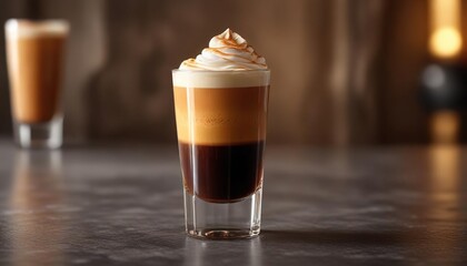 Espresso shot in a tall glass with creamy caramel-colored foam on top, espresso, brown color, coffee drink