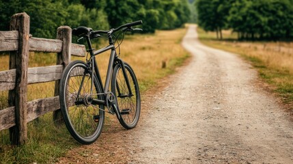 Fototapeta premium Path of beginning and start exploration, A scenic gravel path lined with trees, featuring a parked bicycle beside a rustic wooden fence.