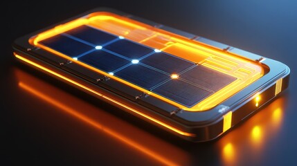 A high-tech solar-powered microchip glowing brightly, with integrated solar panels visible on its sleek, layered design