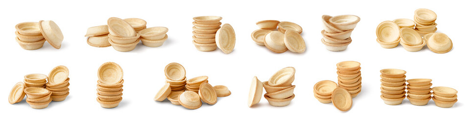 Set of crunchy tartlets on white background