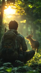 Fototapeta premium A person sits quietly in nature, observing a deer in a sunlit forest setting.