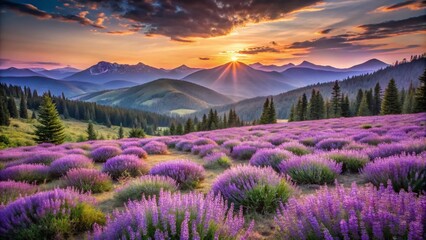 Obraz premium Purple Nature Documentary: Lavender Fields, Amethyst Mountains, Dusk Blooms