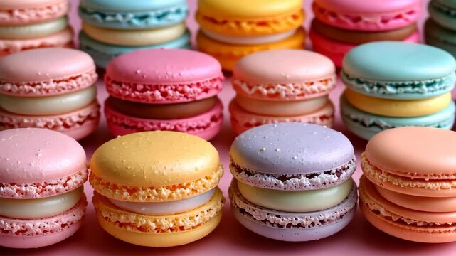 A row of colorful macarons with different flavors and colors. The macarons are arranged in a row, with some being pink, yellow, and blue. Concept of variety and abundance