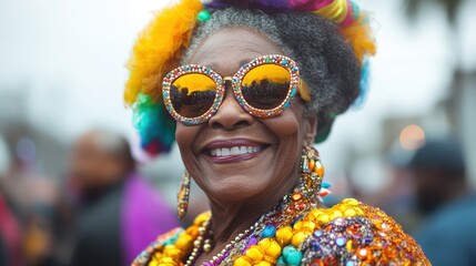 A joyful celebration of vibrant colors and energy encapsulated in the radiant smile of a stylish individual adorned with festive attire and accessories.