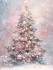 Pastel Pink Christmas Tree in Winter Wonderland - A dreamy pastel pink Christmas tree, adorned with delicate ornaments, stands in a snowy winter scene. Symbolizing peace, joy, hope, magic, and winter