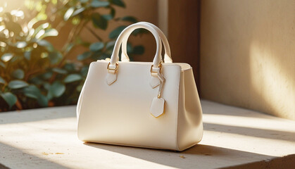 Woman hand bag mockup, white blank beige luxury handbag mockup with soft golden light , leaves and shadows background. Generative AI
