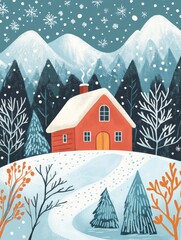 Fototapeta premium Pastel Winter Wonderland Christmas Cabin - A cozy red cabin nestled in a snowy mountain landscape, symbolizing peace, warmth, festive cheer, winter tranquility, and holiday spirit.
