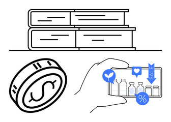 Books stacked, coin with dollar sign, hand holding smartphone displaying shopping app with discount tags. Ideal for online shopping, education, e-commerce, digital economy, retail, finance