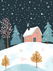 Fototapeta premium Pastel Winter Wonderland Cottage Scene - A cozy pink cottage sits on a snowy hill under a starlit sky, symbolizing peace, warmth, comfort, joy, and the magic of winter.